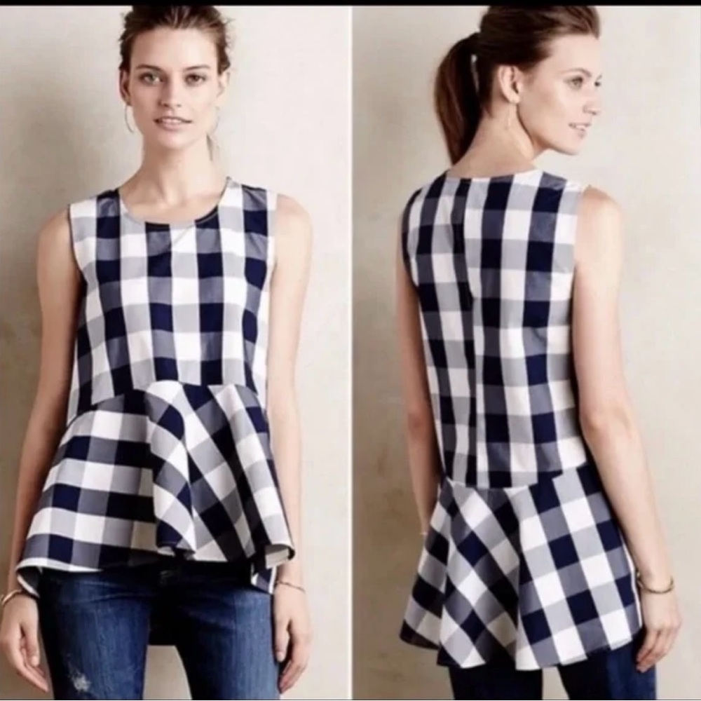 Anthropologie HD in Paris Peplum Blouse Gingham Tank Size 4 Blue Check $128